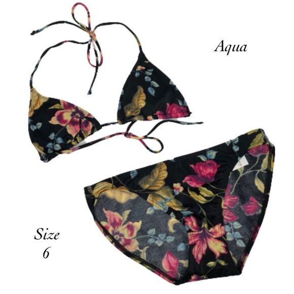 Aqua Black Floral Flower Triangle Bikini Top And Bottom Set NWT Size 6 - Picture 1 of 9